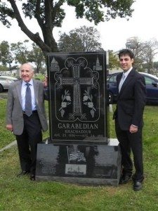 Memorial for Khachadour P. Garabedian is unveiled in Philadelphia as a tribute to the only known Armenian to have served in combat during the American Civil War. Joined in the project were Gary Koltookian, left, and Paul Sookiasian.