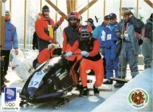 Providence AYF tandem of Joe Almasian and Kenny Topalian prepare to hop aboard their bobsled at the 1994 World Olympic Games in Lillehammer.
