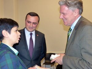 Nagorno Karabakh Youth and Culture Minister Narine Aghabalyan speaking with Congressional Armenian Caucus CoChair Frank Pallone (D-N.J.) and NKR Representative in the U.S. Robert Avetisyan.