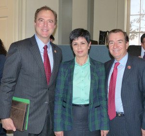 House Foreign Affairs Committee Chairman, Ed Royce (right), with Nagorno Karabakh Youth and Culture Minister Narine Aghabalyan (center), and senior Appropriations Committee member Adam Schiff (left) at the March 13th Capitol Hill celebration of twenty-five years of freedom for Nagorno Karabakh.