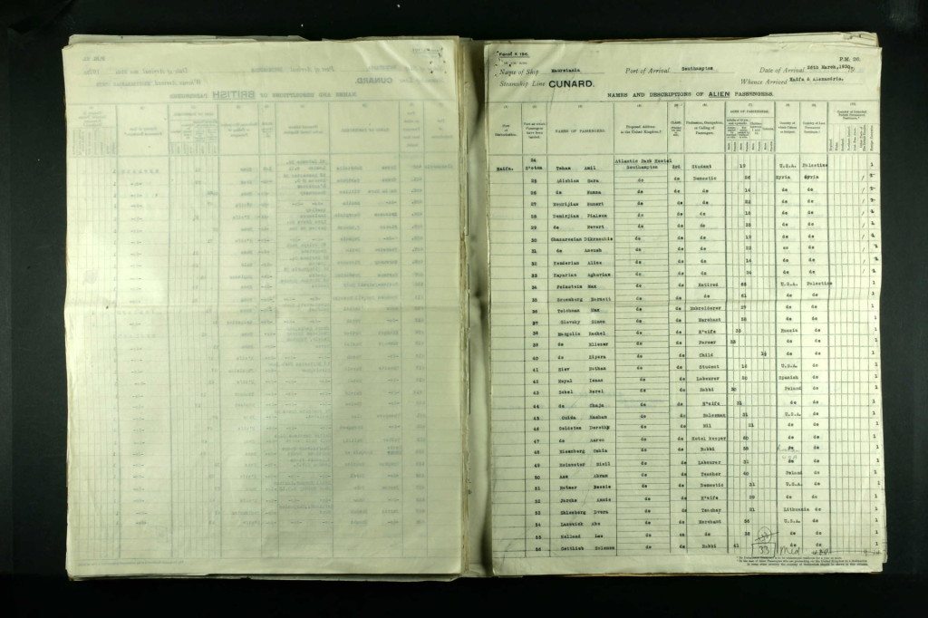 A copy of the passenger list with 9 of the women arriving in Southampton 