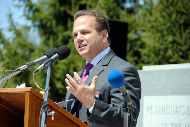 Congressman Cicilline speaking at the Armenian Martyrs Memorial at North Burial Grounds in Providence