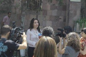 Lawyer Lusine Minasyan addresses members of the media in front of the Kotayk General Court on June 27 (Photo courtesy of the Coalition to Stop Violence Against Women)