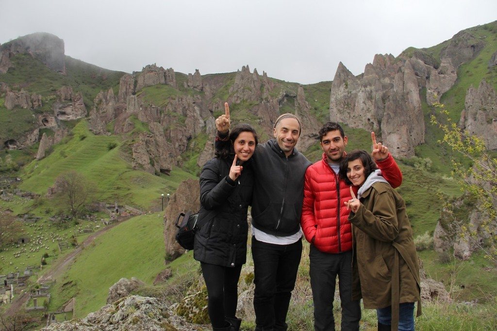 Sarkissian with ONEArmenia's core creative team at the cliffs of Goris in southeastern Armenia while on location for a video shoot in April. From left: Anahid Yahjian, Patrick Sarkissian, Narek Khachatryan, Oksana Mirzoyan.