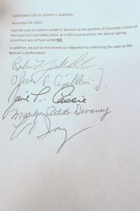 The statement signed by five councilors, declaring that if the vote had taken place as expected on Nov. 20, the undersigned would have voted ‘No.’
