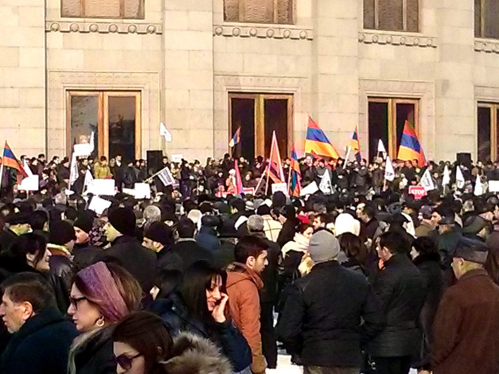 Thousands gather in Yerevan’s Freedom Square in protest against a reform that would force citizens to make monthly payments to private pension funds. 