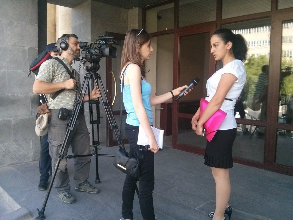 FAVL Vice-President and Lawyer Kristina Gevorkyan speaks with the media about the three metro workers fired for protesting against the government’s proposed pension reform.