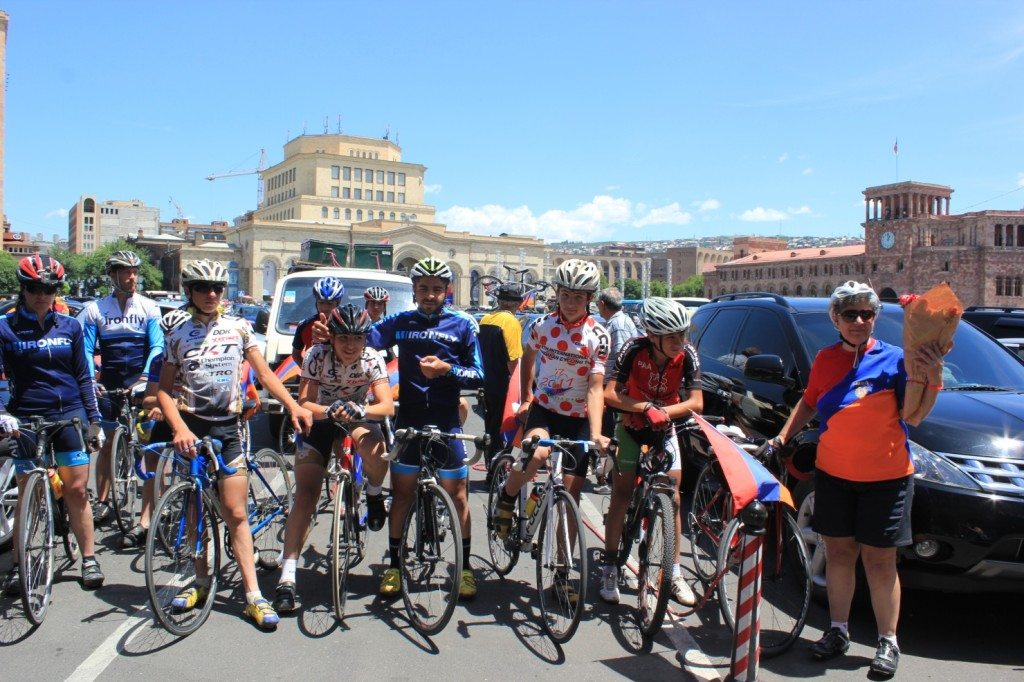 Some of the riders at the conclusion of the Bike-a-Thon. In the middle, in blue, is two-time world silver medalist Mher Mkrtchyan.
