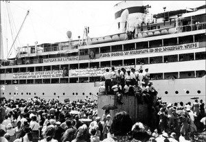 Between 1946 and 1947, 100,000 Armenians left their homes in Europe, the Americas, and the Middle East to settle in Soviet Armenia. (Photo taken at an Alexandria port in 1947, courtesy of AGBU Alexandria)