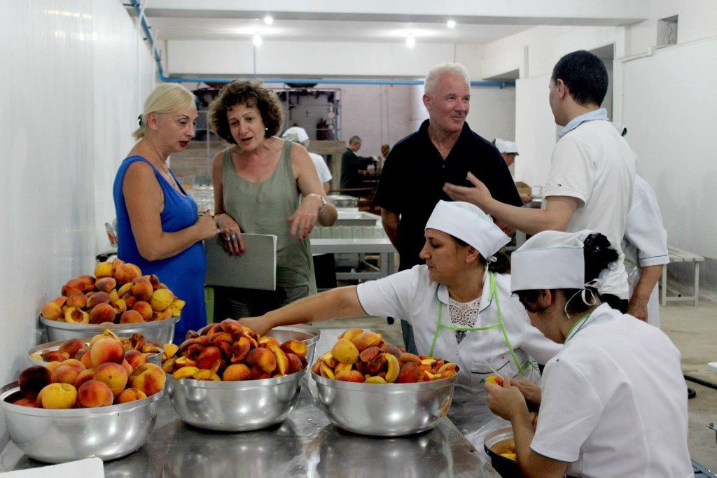 Oxfam in Armenia Country Director Margarita Hakobyan (center) visits workers at the Ayrum fruits factory prior to its grand opening.