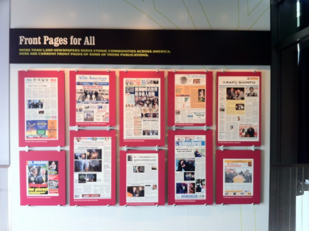 Newspaper front pages at the exhibit