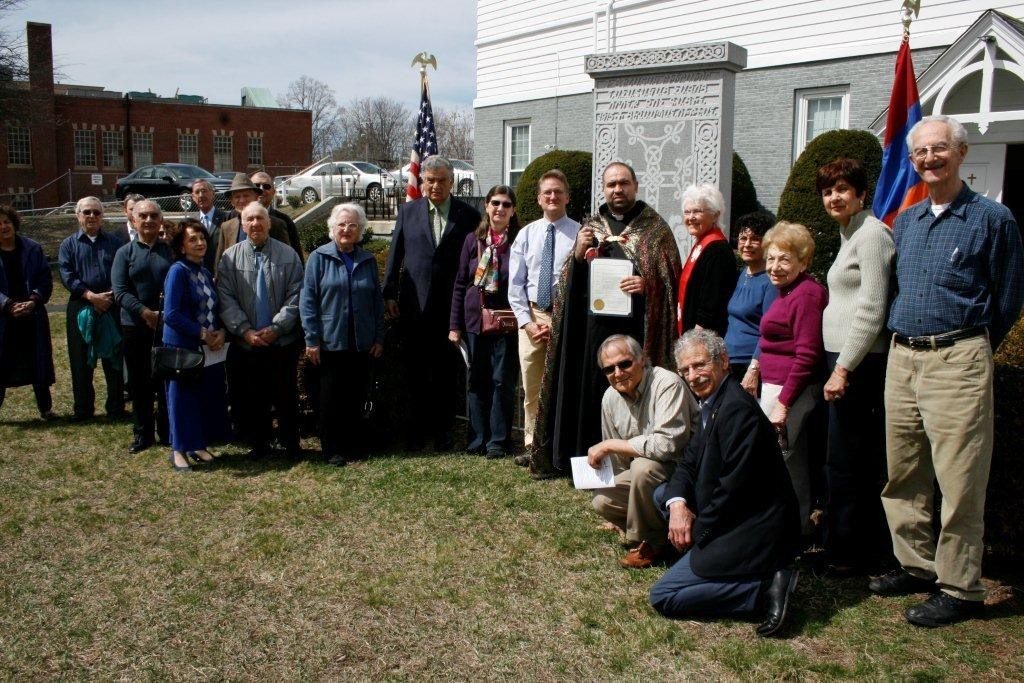 Members of the Greater Haverhill Armenian community gather outside of the memorial at the Armenian Church at Hye Pointe. (Photo: Tom Vartabedian)
