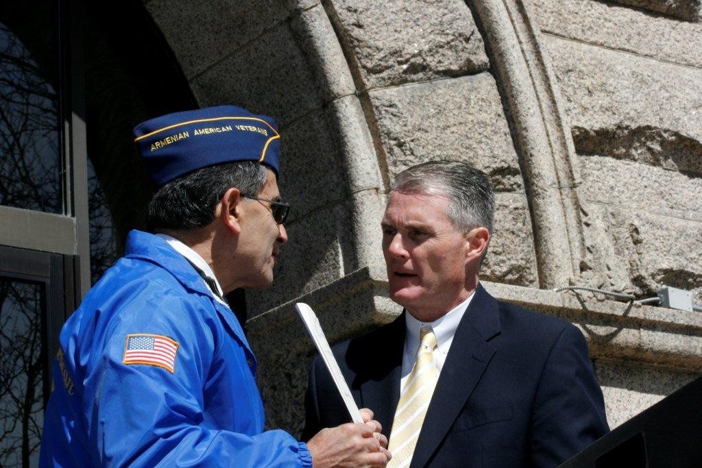 Mayor Rodney Elliott presents a proclamation to Dr. Ara Jeknavorian, co-chairman, Armenian National Committee of Merrimack Valley. (Photo: Tom Vartabedian)