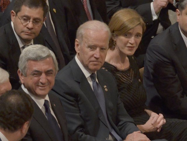 Vice President Joe Biden sandwiched between Armenia President Serge Sarkisian and U.S. Ambassador to the United Nations Samantha Power
