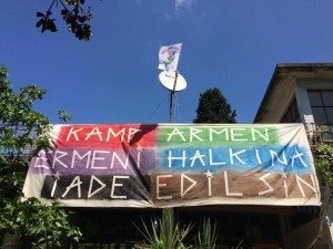 Sign at the entrance of the Camp reads ‘Camp Armen has been returned to the Armenian People’ in Turkish (Photo: Nor Zartonk)