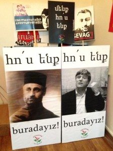 Nor Zartonk posters featured portraits of Komitas and Hrant Dink declare, "We Are Here!" (Photo: Nanore Barsoumian)