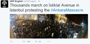 Thousands march in Istanbul protesting the explosions that targeted a peace rally in Ankara (Photo: HDP Twitter page)
