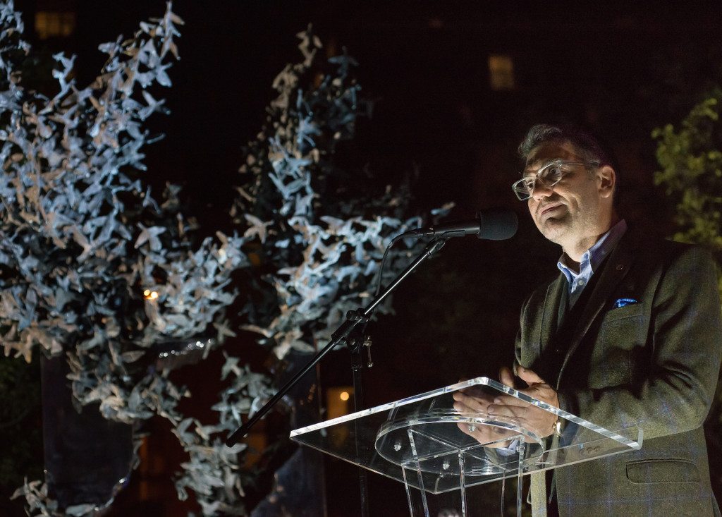 Michael Aram explains his vision at the sculpture unveiling and blessing ceremony. 