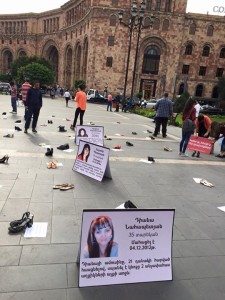Sixty pairs of shoes in memory of 60 victims of domestic violence were placed in Republic Square