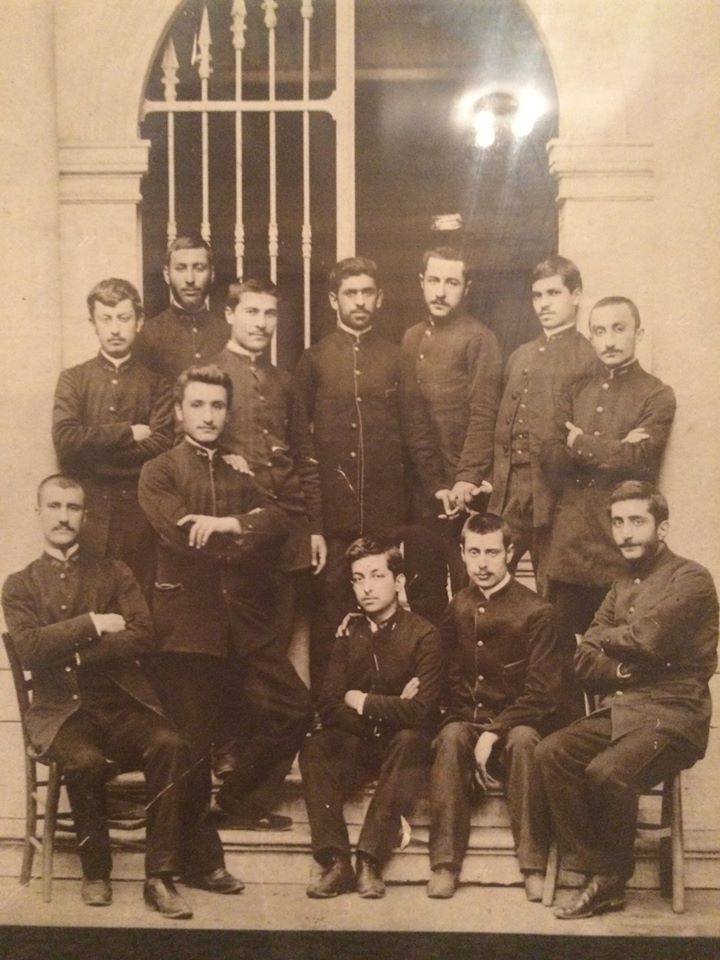 (Top row, third from right) Papken Suni (born Bedros Parian) in his graduating class photo in 1893 . Note: Second from the left on the same row is renowned Armenian linguist Hrachya Ajarian. (Photo is displayed at the Getronagan Lycee in Istanbul) 