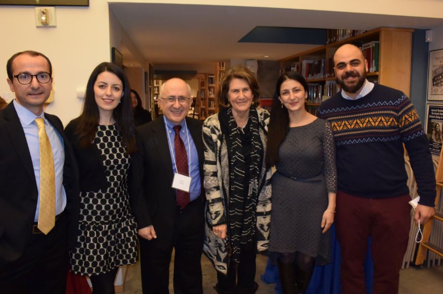 Helping to celebrate the historic granting of the first Ph.D. in Armenian Genocide Studies to Khatchig Mouradian (left) are Asya Darbinyan (doctoral student), Professor Taner Akcam, Carolyn Mugar, and Anna Aleksanyan and Emre Cam Dagioglu (doctoral students). (Photo: Spencer Cronin, Clark University) 