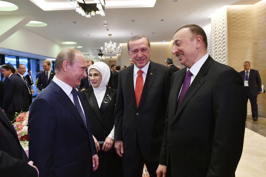 (L-R) Putin, Erdogan, and Aliyev at the European Games in Baku in June 2015. (Photo: Azerbaijani Presidential Press Service) 