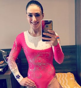 Gebeshian sporting the leotard she wore the podium training on April 15. The leotard by Ozone Leotards sports an Armenian tricolor and forget-me-not in commemoration of the Armenian Genocide.