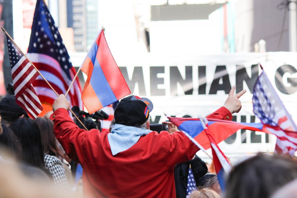 Thousands gather in Times Square to commemorate the 101st anniversary of the Armenian Genocide (Photo: Anahid Kaprielian)