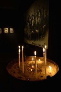 The exhibition designer, Kirkor Sahakoglu, created a darkened space, set off from the main exhibition, for people to light memorial candles.