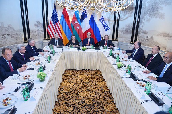 U.S. Secretary of State John Kerry, Russia Foreign Minister Sergei Lavrov, and France State Secretary for European Affairs Harlem Desir with Armenian President Serge Sarkisian and Azerbaijani President Ilham Aliyev during discussions of NKR peace on May 16, in Vienna, Austria