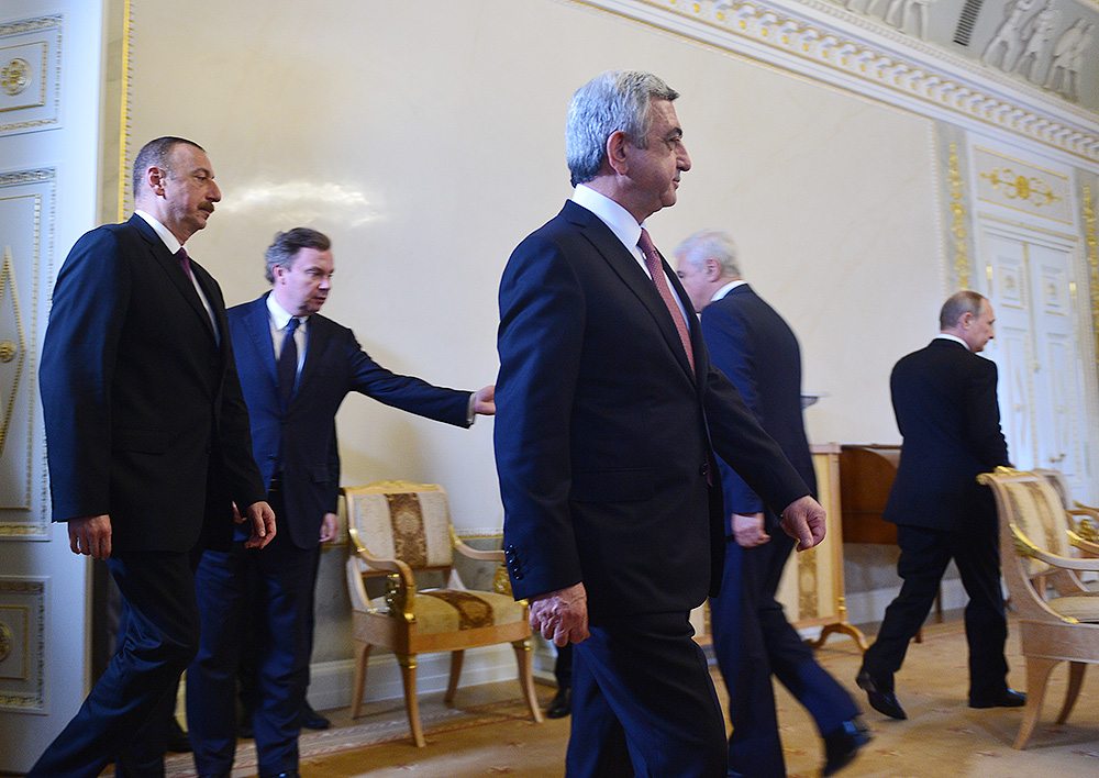 Armenian President Serge Sarkisian, Azerbaijani President Ilham Aliyev, and Russian President Vladimir Putin held a trilateral meeting at the Constantine Palace in St. Petersburg on June 20. (Photo: President.am) 