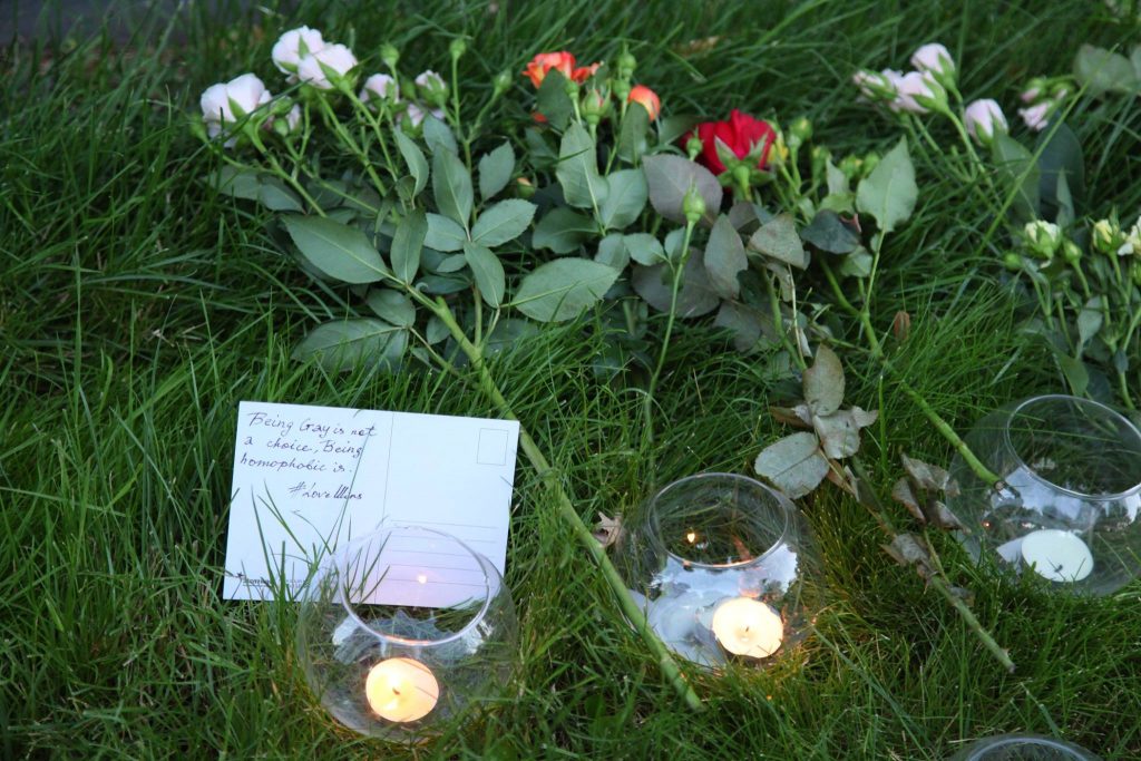 a note reading 'Being gay is not a choice, being homophobic is,' left at the vigil (Photo: U.S. Embassy Yerevan)