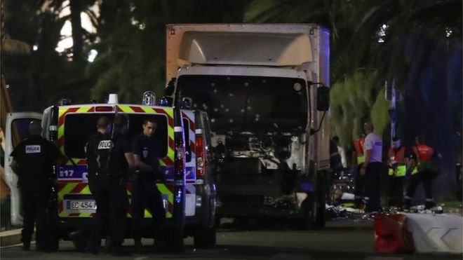 French police stand near the truck that ploughed into crowds in Nice (Photo: AFP) 