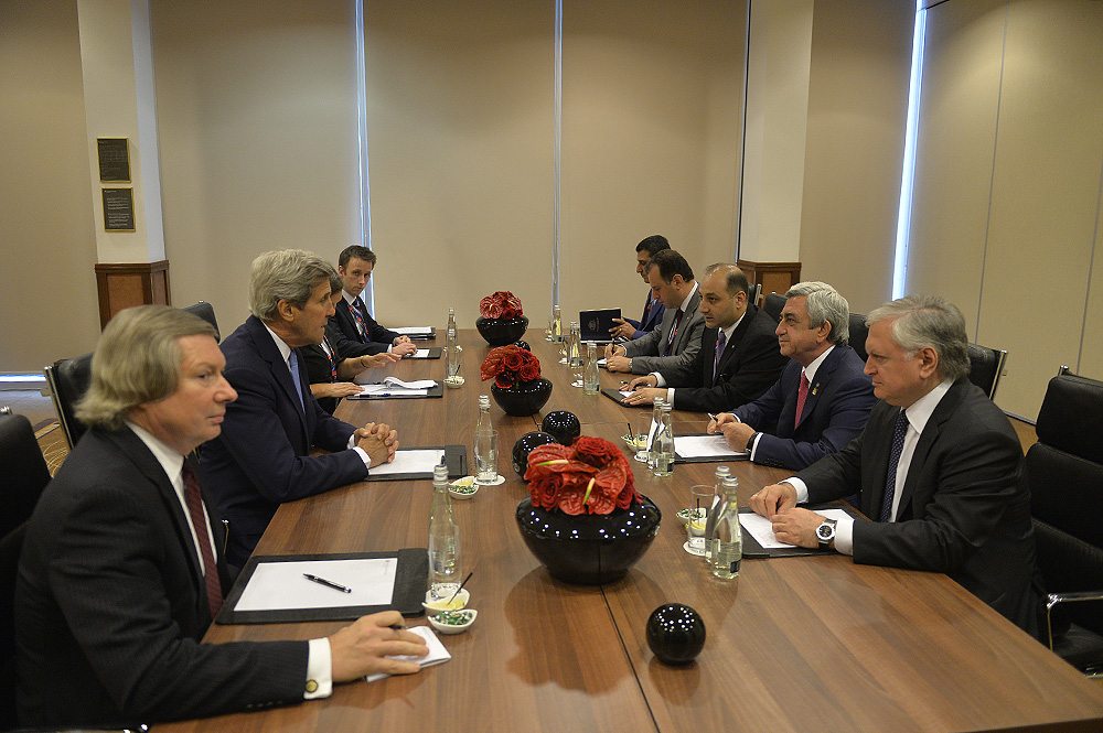 Sarkisian met with United States Secretary of State John Kerry in Warsaw on July 8, to discuss the resolution of the NKR conflict. (Photo: president.am)
