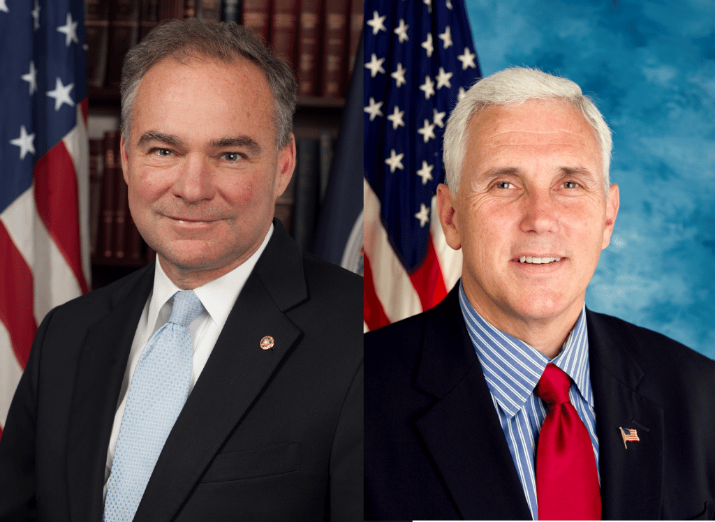 Senator Tim Kaine (L) and Governor Mike Pence (R)