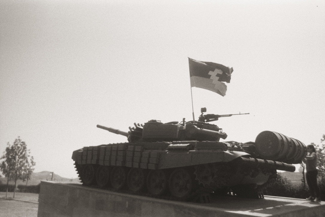 Retired tank from 2020 Artsakh war, with its barrel pointed toward Azerbaijan