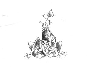 A caricature sketched by Tatul Sonentz-Papazian showing an ant waving a flag as it sits on top of an elephant