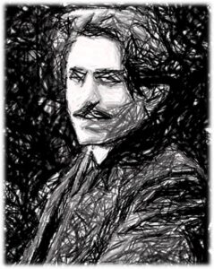 A black and white digital portrait of poet Vahan Teryan that appears sketched, created by Tatul Sonentz-Papazian