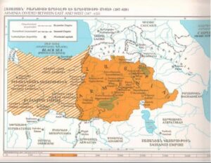 A map of "Armenia Divided between East and West (387-628)" in "Historical Atlas of Armenia" by Garbis Armen and Vrej-Armen Artinian (Armenian National Education Committee, 1987)
